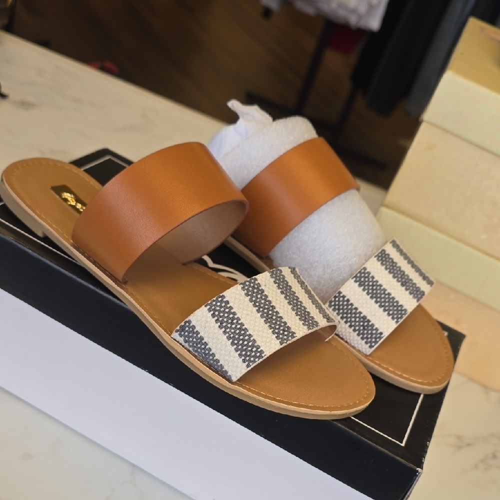 Qupid Tan and Black Striped Sandals